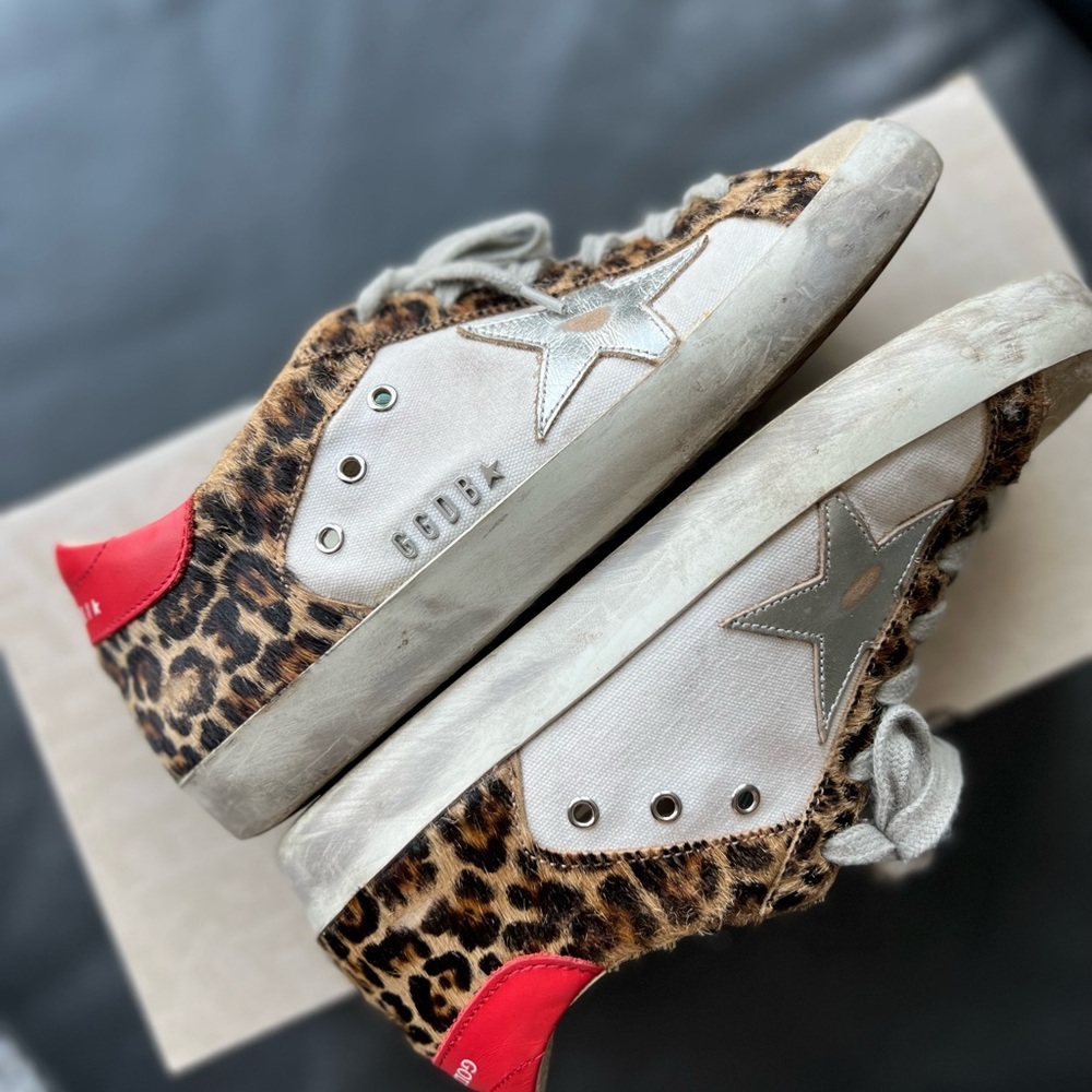 GOLDEN GOOSE Superstar distressed leopard-print calf hair/ leather/suede size 36